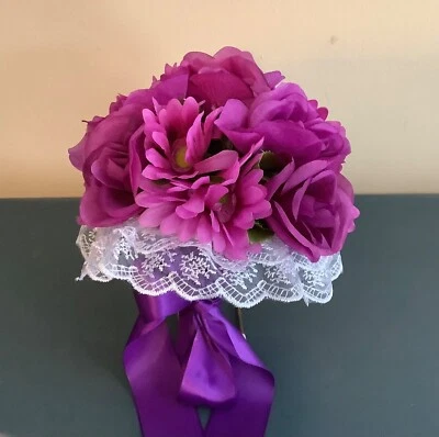 Magenta purple Gerber daisy and roses bridal bouquet - Image 1 of 4