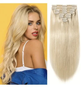 S-Noilite Human Hair Extensions, Double Weft 16”Platinum Blonde, 8 Pcs(18 Clips) - Picture 1 of 12