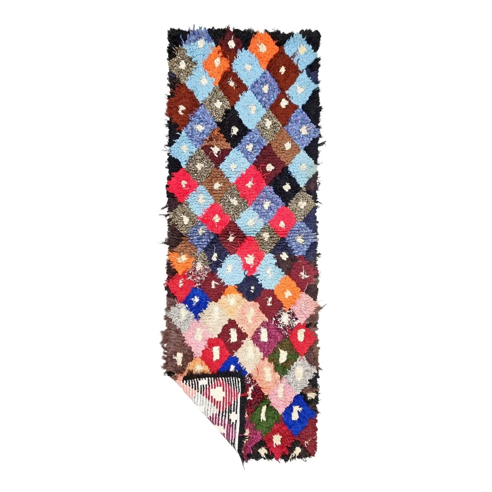 Moroccan Handmade Vintage Rug 2'1x6'2Berber Geometric Blue &Red Cotton &Wool Rug - Image 1 of 4