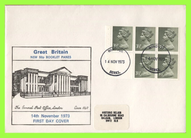 G.B. 1973 50p booklet, 3½p x 5 pane on First Day Cover, Windsor - Image 1 of 1