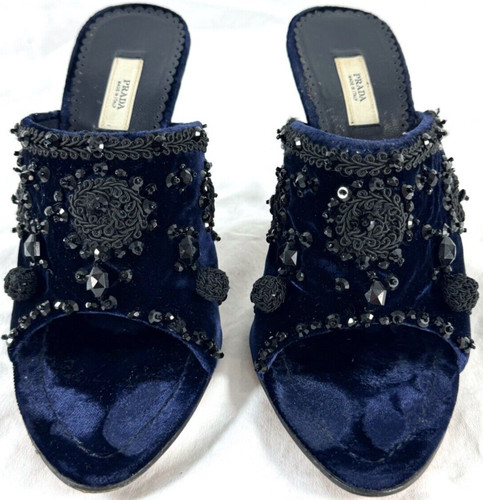 Sandali Prada blu navy velluto pietra finta ricamata tacchi 36 5 6 5 US