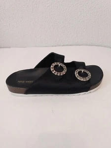 Nine West Black Faux Leather Silver Rhinestone Buckles Women Flat Sandal sz 10 M - Picture 1 of 11