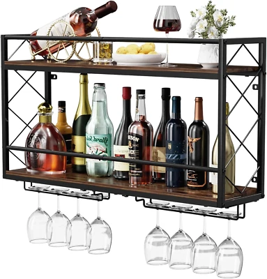 Wall Mounted 2 Tier Wine Rack with Glass Holder, Double Layer Anti-Drop Crossbar Foto 1 de 4