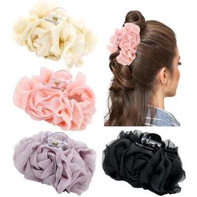 Pacote com 4 garras de cabelo de plástico plissadas de chiffon grande flor rosa mandíbula barrettes grandes... - Imagem 1 de 4