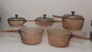 8 Stück Vision WARE Visions Corning PYREX Bernstein Braun Glas Kochgeschirr & Deckel Set - Bild 1 von 10