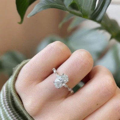 Diamond White Gold Ring 14k  Lab Grown Oval 2.2 Carat IGI Certified Size 5 6 7 8 - Image 1 of 4