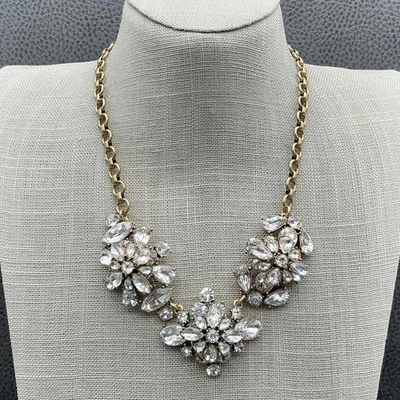 J Crew женщин заявление нагрудник ожерелье прозрачный кристалл со стразами цветок золотой тон - Изображение 1 из 4