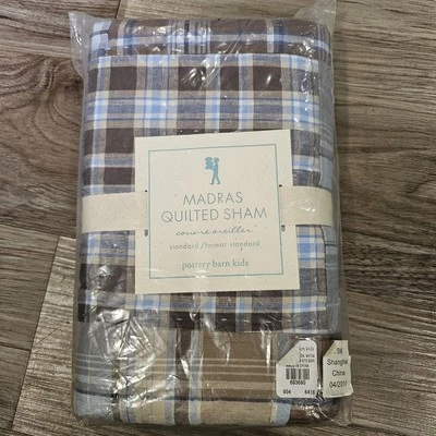 Pottery Barn Kids Madras Acolchado Falsa Estándar Azul Marrón Cuadros Foto 1 de 4