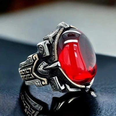 925 Men Silver Ruby Gemstone Greek Man Handmade Silver Ring - Image 1 of 4