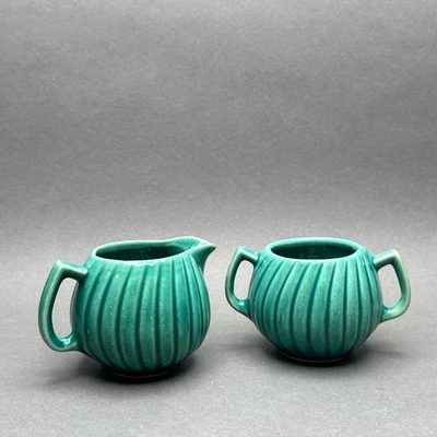 Vintage Fluted Green Ceramic Creamer and Sugar Set c. 1940's - Image 1 of 4