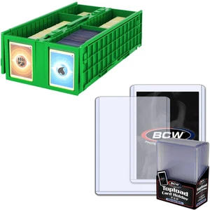 BCW 1600 Card Bin (Green) + 80 (168pt) Thick Card Toploaders Storage - Picture 1 of 5