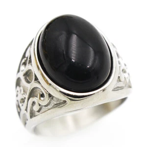 Vintage Black Stone Men's Wedding Ring Stainless Steel Retro Biker Signet Ring - Picture 1 of 4