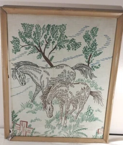 Arte de pared textil caballo de colección tela original patrón dibujado a mano enmarcado MCM 18 X21 - Imagen 1 de 13