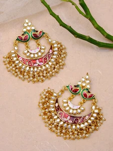 Indian Kundan Earrings Peacock Gold Plated Pearl Chandbali Women Wedding Jewelry - Picture 1 of 18