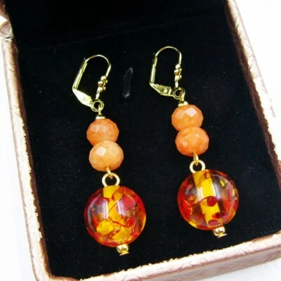 BAILYSBEADS edle Mandarin-Granat & Bernstein Ohrringe Ohrhänger Klappbrisuren - Bild 1 von 2