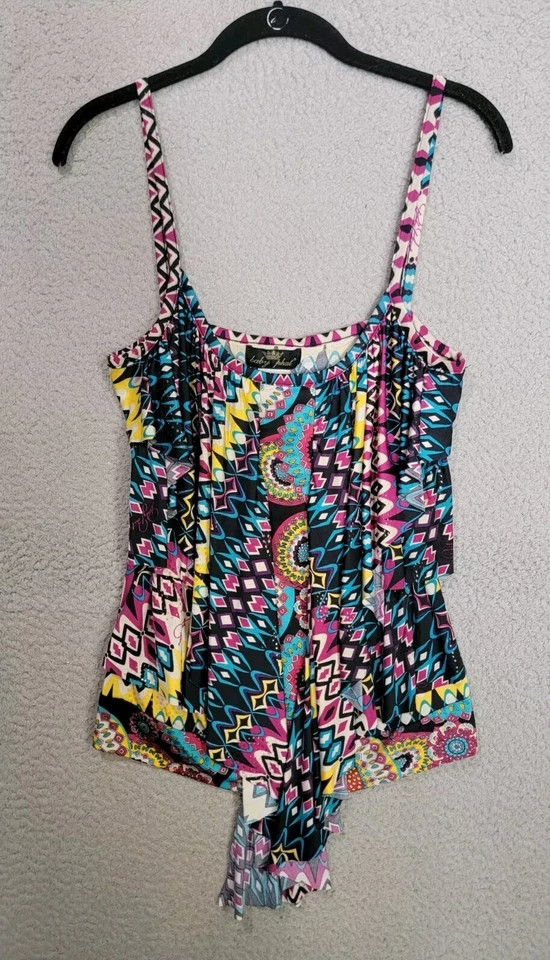 Camiseta sin mangas Baby Phat mediana Y2K auténtica correa de espagueti multicolor con volantes  Foto 1 de 4