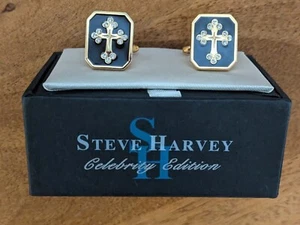 Steve Harvey Cross Design Cufflinks Gold Black Brand New With Display Box - Picture 1 of 4