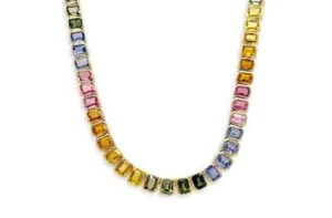Emerald cut Rainbow Sapphire bezel set tennis necklace gold Plated, emerald cut - Picture 1 of 3
