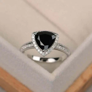 Trillion Cut Black Diamond Halo Engagement Wedding Ring 14K White Gold Finish - Picture 1 of 9