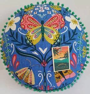 Pacific Paradise Decorative Pillow,  18" Round,  Butterfly Floral, Pom Poms - Picture 1 of 2