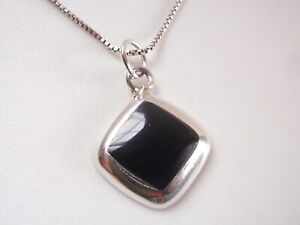 Small Black Onyx Square Pendant with Rounded Corners 925 Sterling Silver