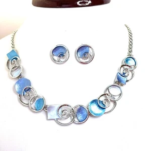 Statement Blau Silber Geometrisch Halskette Ohrringe Schmuckset Emaille Damen - Bild 1 von 2