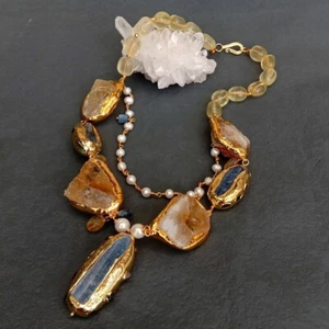 Collana Pietra Preziosa Perla Bianca Citrino Naturale Blu Cianite Coltivata Bianca Donna - Foto 1 di 6