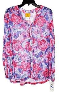 Ruby Rd Womens Purple Pink Floral Long Sleeve Button Up Sheer Blouse Shirt SZ XL - Picture 1 of 15