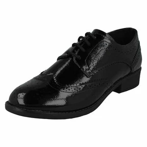 Mujer Spot On Cordones Charol Negro Zapatos Oxford F9R0081 - Imagen 1 de 10