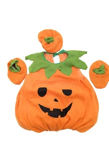 Toddler Pumpkin Jack-O-Lantern Face Orange Costume One Size Leaves Hat and Feet - Picture 1 of 4