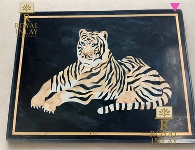 Regal Tiger Marble Inlay Table – Handmade Tiger inlay on marble with Gemstones - Image 1 of 4