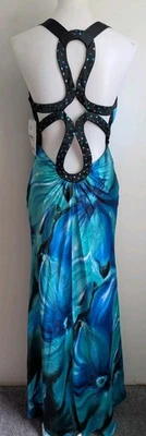 Y2K Adrianna Papell Satin Bias Maxi Dress Sequin Plunge Open Back Blue 10 NEW  - Image 1 of 4