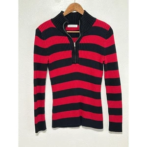 Vintage 90er Y2K Liz Claiborne Rugby Streifen 1/4 Reißverschluss Pullover S rot schwarz adrett sportlich  - Bild 1 von 12