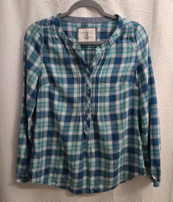 Camisa xadrez Sonoma feminina XS 3/4 botão para baixo azul verde leve manga longa CE - Imagem 1 de 4