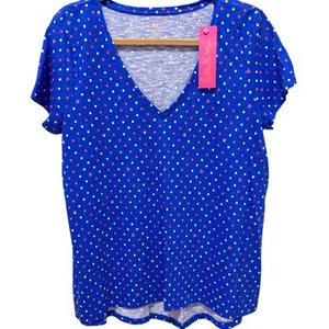 Lilly Pulitzer Etta V-Neck T-Shirt L Borealis Blue Lilly Squared Print Neu mit Etikett - Bild 1 von 2