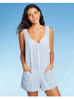 Mameluco de encubrimiento de natación Seersucker a rayas azules Xhilaration para mujer, bolsillos, talla S Foto 1 de 4