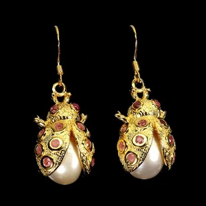 925 Sterling Silver Earrings Round Tourmaline Pearl Ladybug Gemstone Jewelry - Picture 1 of 13