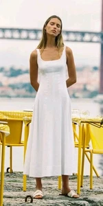 Zara Leinen Träger Midikleid Neu mit Etikett Größe XS - Bild 1 von 7