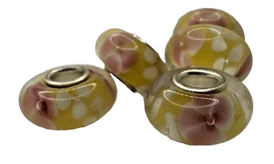 Cuentas de resina de murano hechas a mano en amarillo con flores blancas y rojas, agujero de 4 mm, 5 piezas Foto 1 de 4