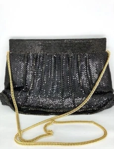 Whiting & Davis Vintage Black Mesh Clutch Evening Purse Gold Plated Strap 11”x7” - Picture 1 of 21