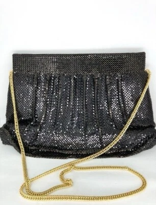 Whiting & Davis Vintage Black Mesh Clutch Evening Purse Gold Plated Strap 11”x7” - Image 1 of 4