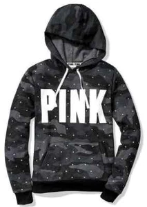 VICTORIA'S SECRET PINK RHINESTONE BLING PERFECT PULLOVER HOODIE GREY CAMO SMALL - Picture 1 of 5