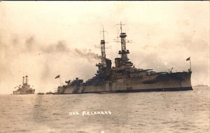 U.S.S. ARKANSAS AT SEA - OLD REAL PHOTO POSTCARD U.S NAVY - Picture 1 of 2