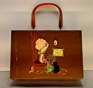 Vintage Wooden Box Handbag Hand Painted M. Hoke "Home Sweet Home" Approx. 8x11x3 - Picture 1 of 12