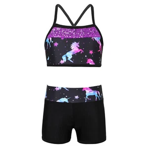 Girls Sports Dance Tracksuit Bowknot Straps Crop Top with Booty Shorts Outfit - Picture 1 of 72