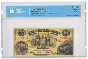 1937 $10 Dollars The Bank of Toronto Yellow Small Size Banknote CCCS Graded V... - Picture 1 of 2