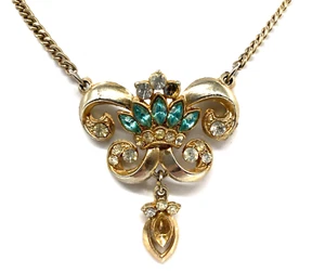 Vintage goldfarbene viktorianische Repousse klar & aquamarin Strass Rokoko Halskette - Bild 1 von 6