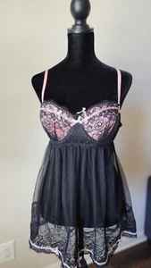 CASSANDRA INTIMATES BLACK & PINK OPEN FTONT CSMI BABYDOLL RUFFLED SZ M - Picture 1 of 5