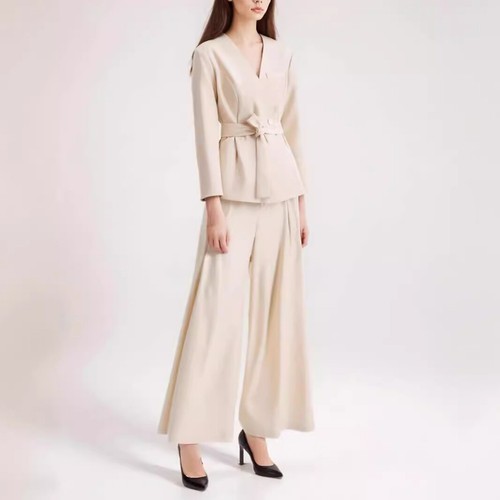 OFF WHITE Set 2 pezzi tute stile americano donna scollo a V giacca pantaloni cappotto gamba larga pantaloni