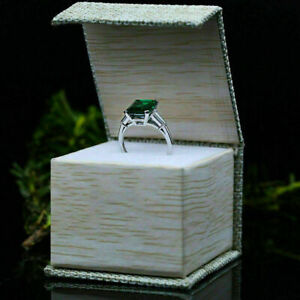 2CT Simulated Green Emerald Design Engagement Ring 14K White Gold Plated